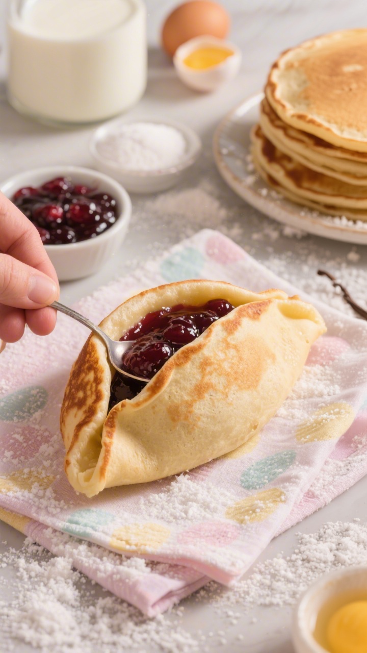 45-degree angle action shot of Surprise “Easter Egg” Pancake Pockets being filled: oval “egg-shaped” pancakes folded into pockets with a hidden spoonful of glossy berry jam peeking from the seam, edges sealed and lightly browned; a stack of plain pancakes nearby, a small bowl of berry jam, and ingredients in frame—flour, sugar, baking powder, milk, egg, melted butter, vanilla extract; powdered sugar dusted like Easter “snow,” playful pastel napkin, warm light enhancing the golden pancake texture.