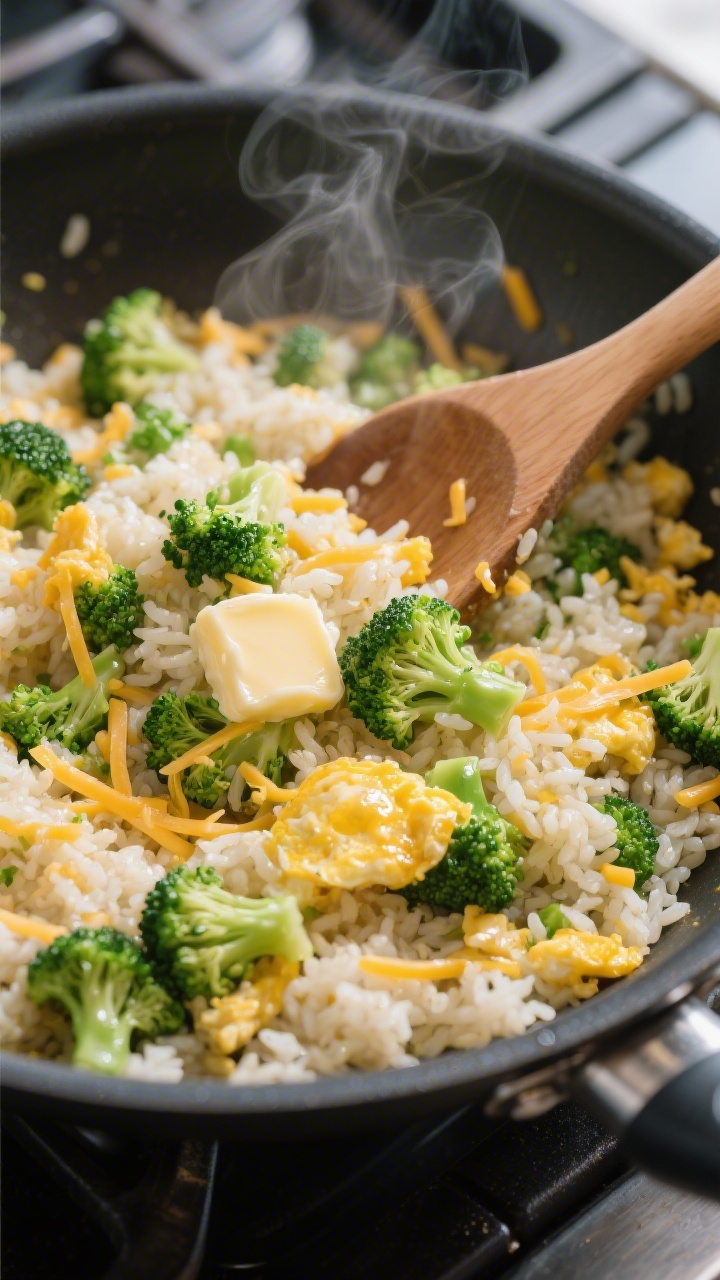 45-degree angle action shot of ten-minute cheesy broccoli egg fried rice in a small nonstick skillet on the stovetop: butter glistening, finely chopped broccoli florets bright green, day-old cooked rice tossed with a lightly scrambled egg, and shredded cheese just starting to melt in strands across the grains. Steam gently rising, wooden spatula mid-stir, shallow depth of field to emphasize glossy grains, tender broccoli texture, and golden egg bits—warm, cozy mood.