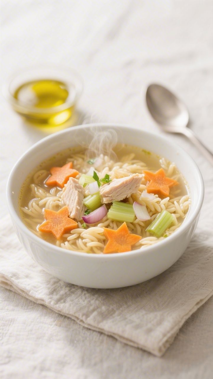45-degree angle bowl shot of cozy chicken orzo soup: clear golden broth with orzo, thin carrot slices cut into tiny star shapes, finely chopped onion and celery, tender chicken pieces, and a hint of minced garlic, steam rising; served in a white ceramic bowl on a light linen with a drizzle of olive oil nearby and a simple spoon, bright and comforting vibe perfect for toddlers.