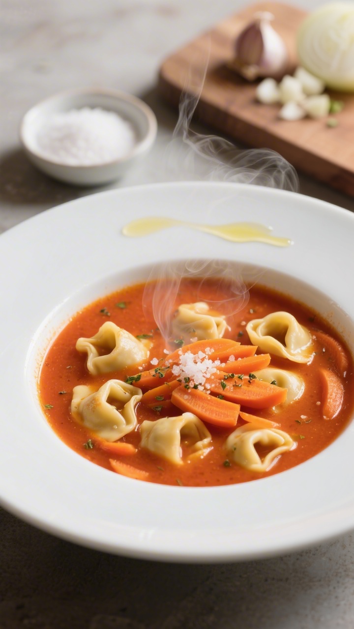 45-degree angle bowl shot of Cozy Creamy Tomato Tortellini Soup with Sneaky Carrots: a wide white bowl filled with silky tomato broth tinted orange from thinly sliced carrots, cheese tortellini bobbing at the surface, flecks of Italian seasoning; a gentle sheen of olive oil on top and a pinch of salt crystals on the rim; background props include a small dish of sugar to hint at balanced acidity, minced garlic and chopped onion on a board; steam curling up, inviting, comfort-food warmth, soft diffused light.