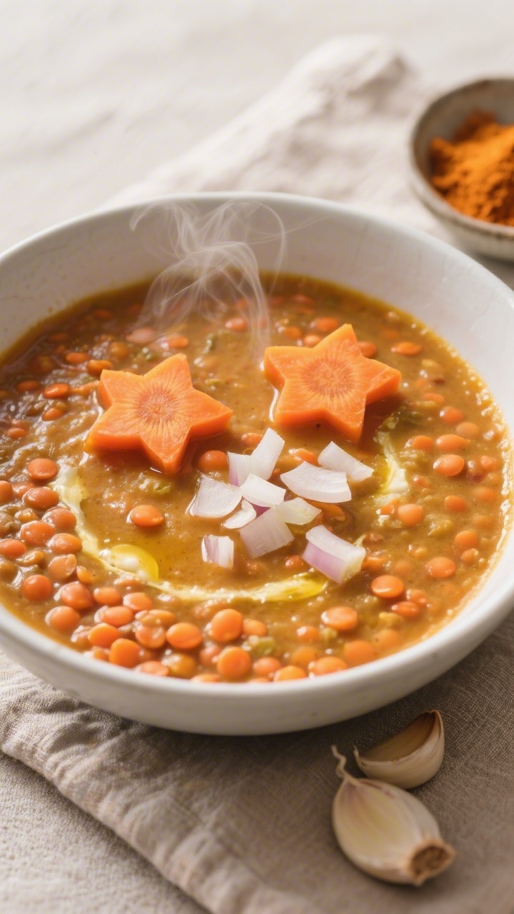 45-degree angle bowl shot of creamy coconut lentil daal, velvety orange-gold from red lentils and mild curry, with tiny soft carrot star shapes nestled on top. Steam gently rising. Garnish with a drizzle of coconut oil and a few finely chopped onions sautéed until translucent. Served in a matte white bowl on a neutral linen, with a small dish of minced garlic and curry powder nearby, cozy and kid-friendly.