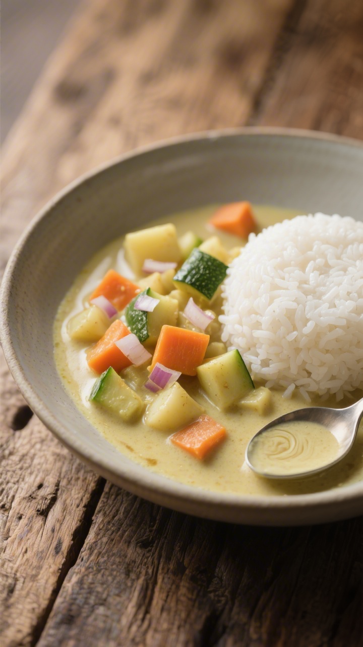 45-degree angle bowl shot of gentle veggie coconut curry served with soft white rice: tender diced carrot, zucchini, and small potato cubes in a pale golden coconut curry sauce, tiny bits of very finely chopped onion melting into the gravy; a spoonful resting on the side to show the creamy consistency; rice mounded softly beside the curry in a shallow bowl; subtle coconut milk swirl, no spicy garnishes; warm, cozy lighting and a matte ceramic bowl on a rustic wood table.