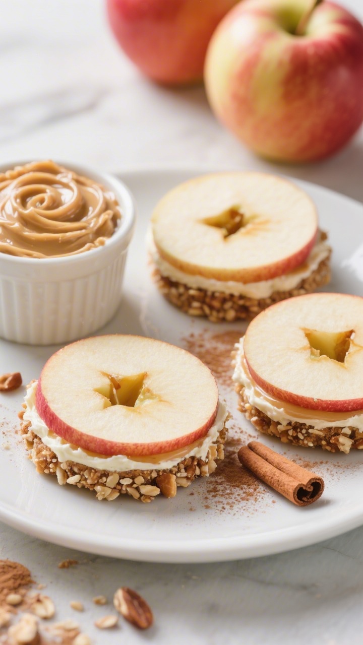 45-degree angle, bright and playful composition of apple “sandwiches”: crisp Honeycrisp rings cored and layered with a cinnamon-cream cheese spread lightly sweetened with maple syrup, edges rolled in finely chopped nuts or seeds; a dusting of cinnamon on the plate, extra spread swirled in a ramekin, and whole apples in the background; sharp focus on creamy swirl and juicy apple texture, no people, kid-friendly styling