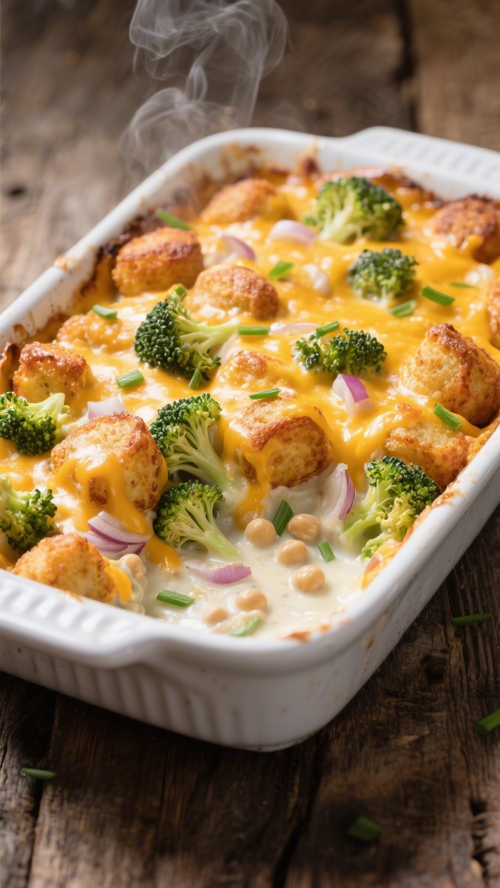 45-degree angle casserole dish shot of a cheesy broccoli tater tot bake just out of the oven: a bubbly, golden top of gluten-free tater tots and melted cheddar, with tender small broccoli florets peeking through; visible bits of sautéed onion and garlic bound in a creamy milk-based sauce thickened with gluten-free chickpea flour; served in a white enamel baking dish on a rustic wooden table, steam rising, sprinkled with a few fresh chives.