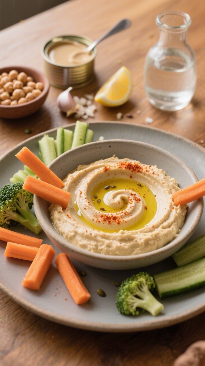 45-degree angle close-up of a creamy hummus bowl swirled with olive oil and a dusting of paprika, surrounded by soft veggie sticks for toddler dipping: steamed carrot batons, blanched broccoli florets, cucumber sticks with seeds scooped; ingredients scattered artfully—open can of chickpeas in a small bowl, tahini in a spoon trail, lemon halves, a minced garlic clove pile, a small carafe of water; matte ceramic plateware on a warm wooden table, shallow depth of field, inviting, dairy-free emphasis.