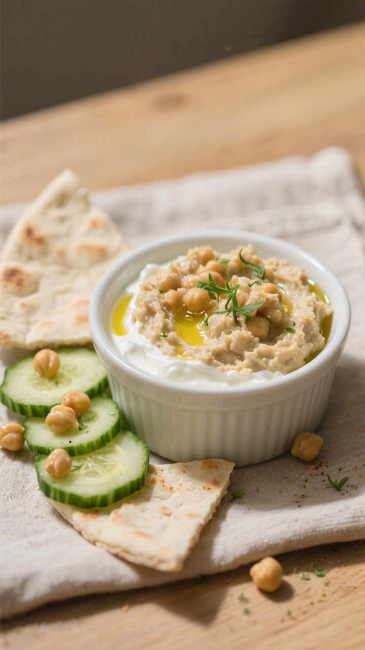 45-degree angle close-up of a no-cook creamy chickpea smash in a small white ramekin: mashed canned chickpeas folded with plain Greek yogurt, olive oil sheen, a kiss of lemon juice, and a whisper of garlic powder; served with soft pita triangles and neat cucumber coins fanned alongside; sprinkled with a few whole chickpeas and micro zest for freshness; neutral linen, light wood surface, soft diffuse lighting highlighting the creamy texture and fresh greens.
