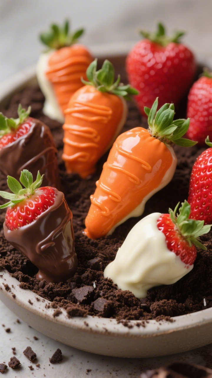 45-degree angle close-up of “strawberry carrots”: fresh strawberries dipped in smooth orange-tinted white chocolate, delicate chocolate “carrot” ridges piped on top, green tops intact; arranged as if “planted” in a shallow dish of dark chocolate cookie crumb “dirt,” a few loose crumbs on the rim for realism; glossy chocolate sheen, vibrant orange and red hues, crisp focus on texture, soft bounce light for appetizing shine.