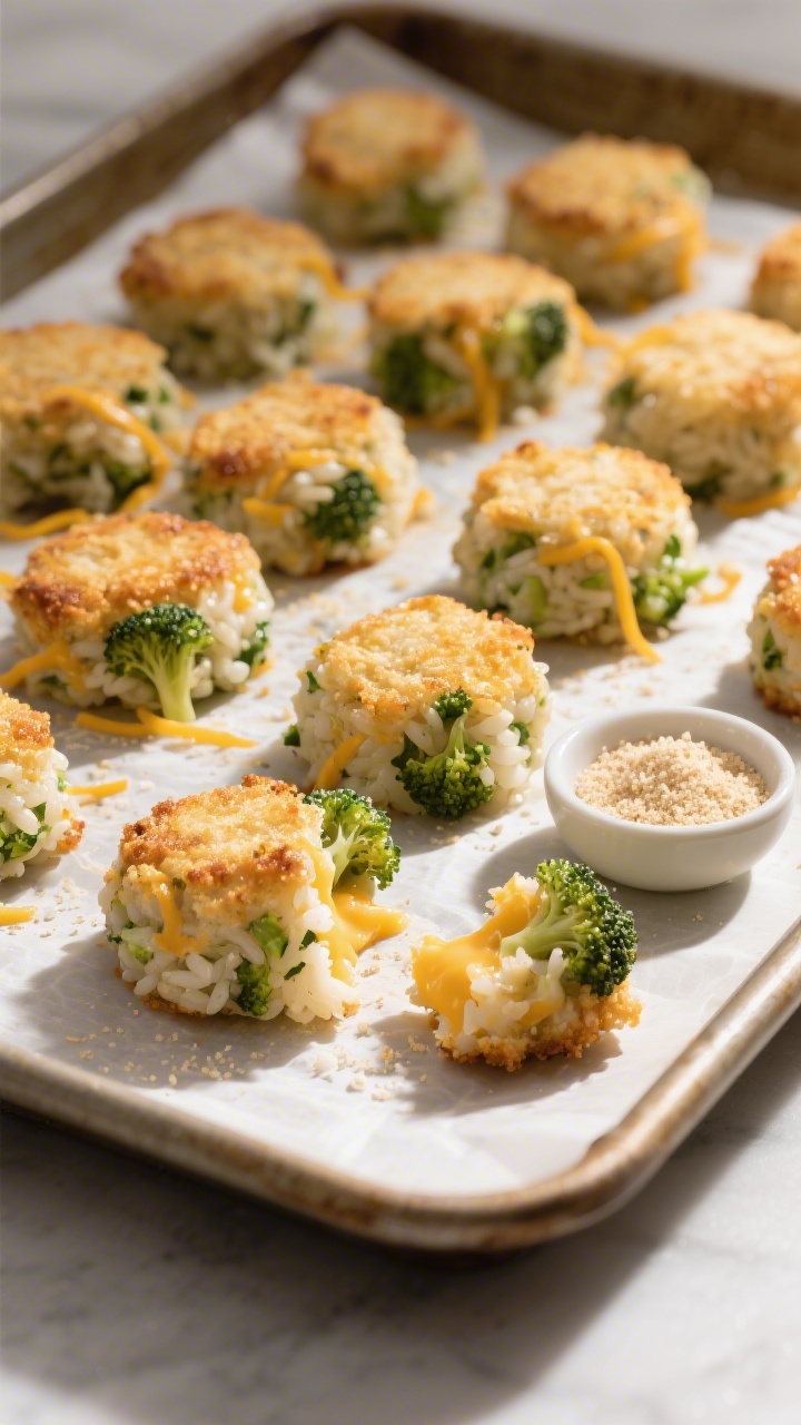45-degree angle close-up of baked Cheesy Broccoli Rice Bites on a parchment-lined sheet pan: golden-edged rice-and-broccoli nuggets with visible flecks of finely chopped steamed broccoli, melted cheddar threads, and a hint of Parmesan crust; a small bowl of gluten-free breadcrumbs and a broken nugget showing the tender, cheesy interior; warm directional light, shallow depth of field, minimal props to emphasize texture and crispness.