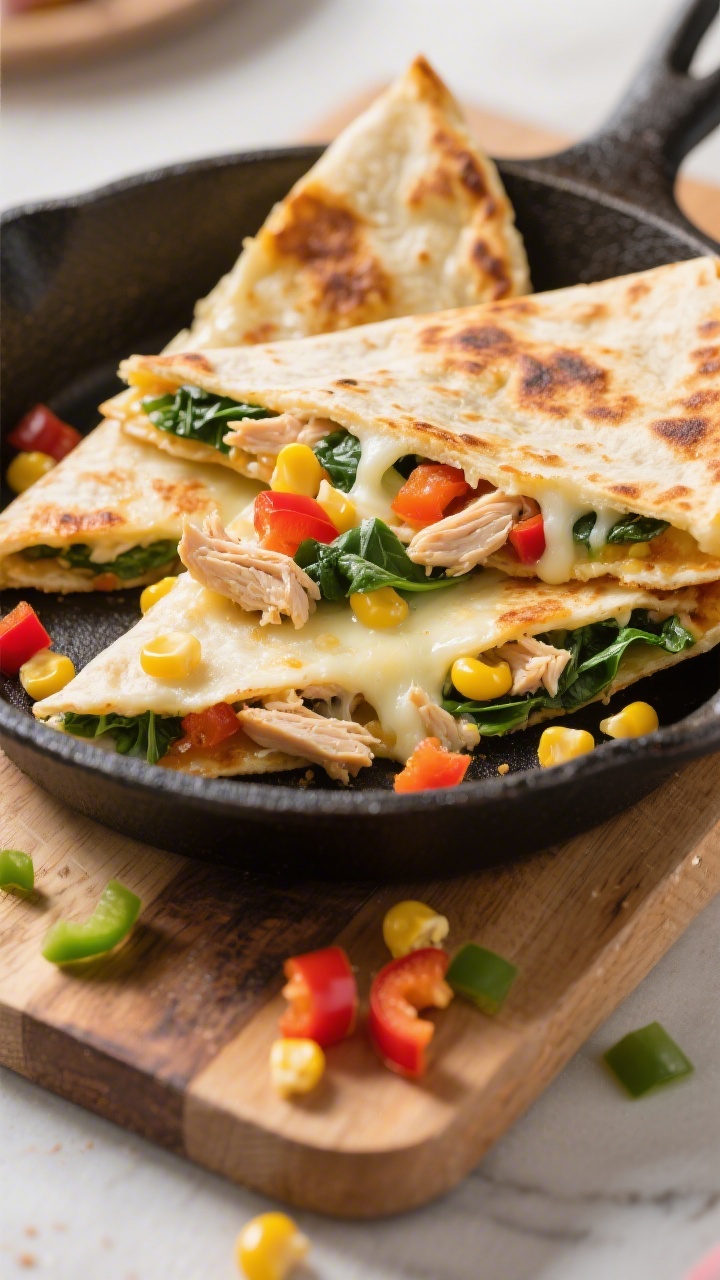45-degree angle close-up of cheesy chicken quesadilla triangles on a cast-iron skillet, edges blistered and golden, oozing mozzarella with visible shreds of cooked chicken, finely chopped bell pepper (red, yellow, or green), spinach bits, and sweet corn kernels peeking from the seams; sprinkled with a few extra chopped peppers on the board, kid-friendly vibe, bright and colorful styling.