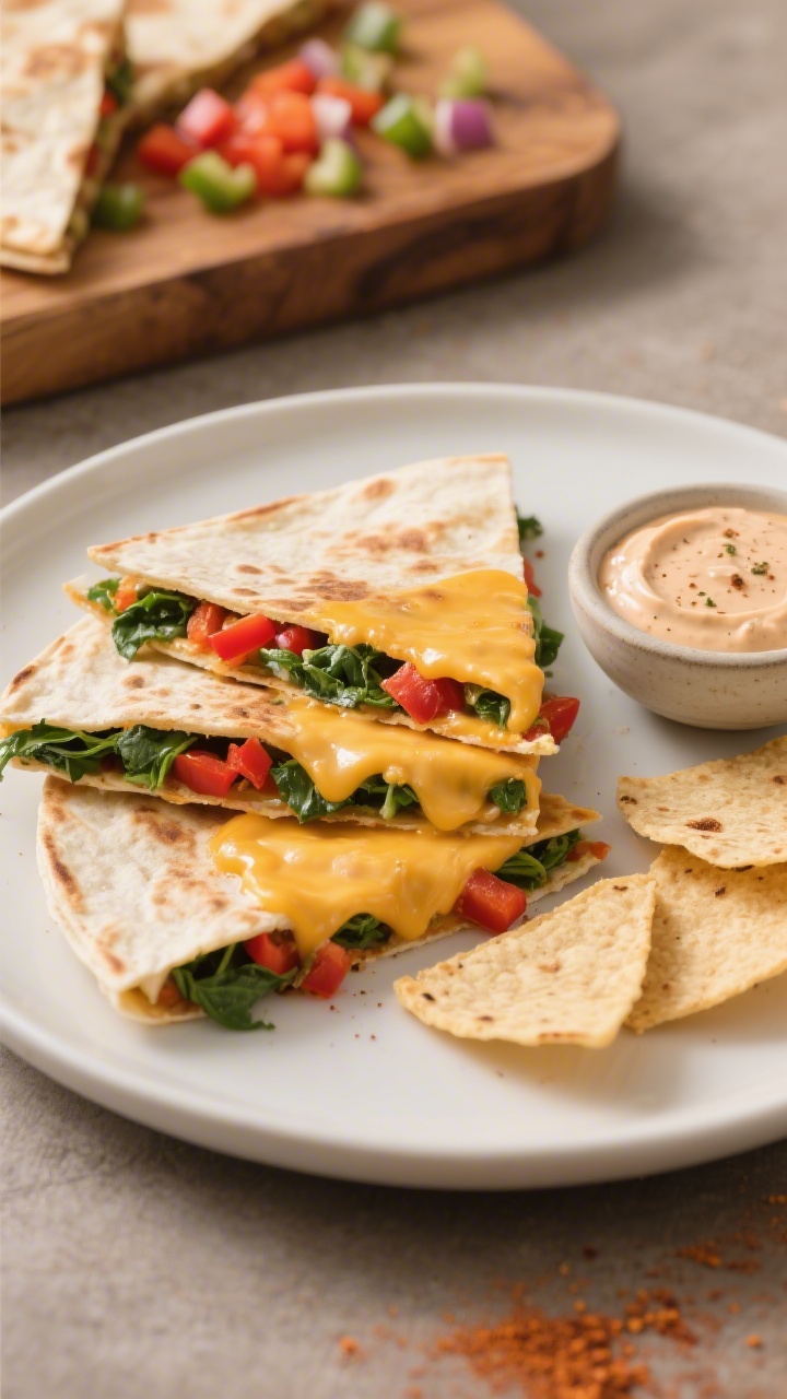 45-degree angle close-up of cheesy hidden-veggie quesadillas sliced into triangles, cheddar/Mexican blend visibly melting with finely chopped red bell pepper and baby spinach peeking from the seams; served on a matte white plate with a side bowl of taco ranch dip (creamy, speckled with taco seasoning), a few extra tortilla wedges and a scatter of minced veggies on a wooden board; warm, family-friendly mood.