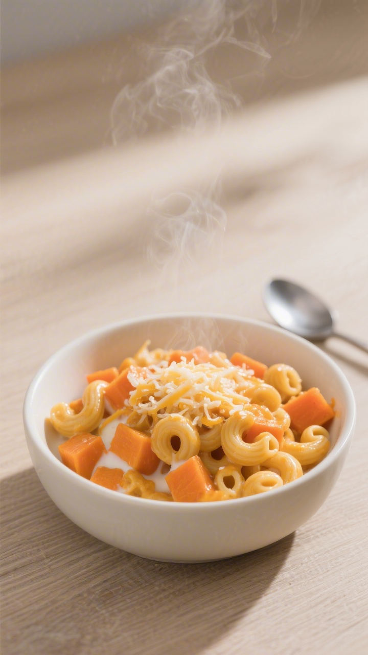 45-degree angle close-up of creamy carrot mac with hidden squash sauce twirled around small pasta shapes (elbows and mini wheels mixed), the velvety orange sauce made from peeled chopped carrot and butternut squash blended with milk, with a gentle sheen of melted shredded cheese; steam softly rising, served in a petite ivory bowl on a light wood surface, a tiny spoon resting beside, minimal garnish to keep focus on the smooth, toddler-friendly texture.