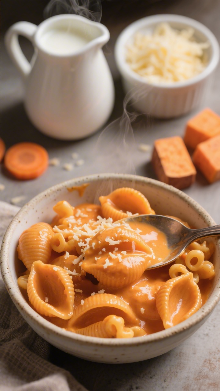 45-degree angle close-up of creamy carrot–sweet potato “mac” in a small toddler bowl: mini shells coated in a velvety orange sauce made from sweet potato, carrots, and milk, with tiny flecks of finely grated cheese melting through; a spoon resting in the bowl with a glossy pull of sauce, a small pitcher of milk and a ramekin of extra grated cheese in the background, a few cooked carrot coins and sweet potato cubes on the side to show ingredients; warm, cozy tones, soft steam rising.