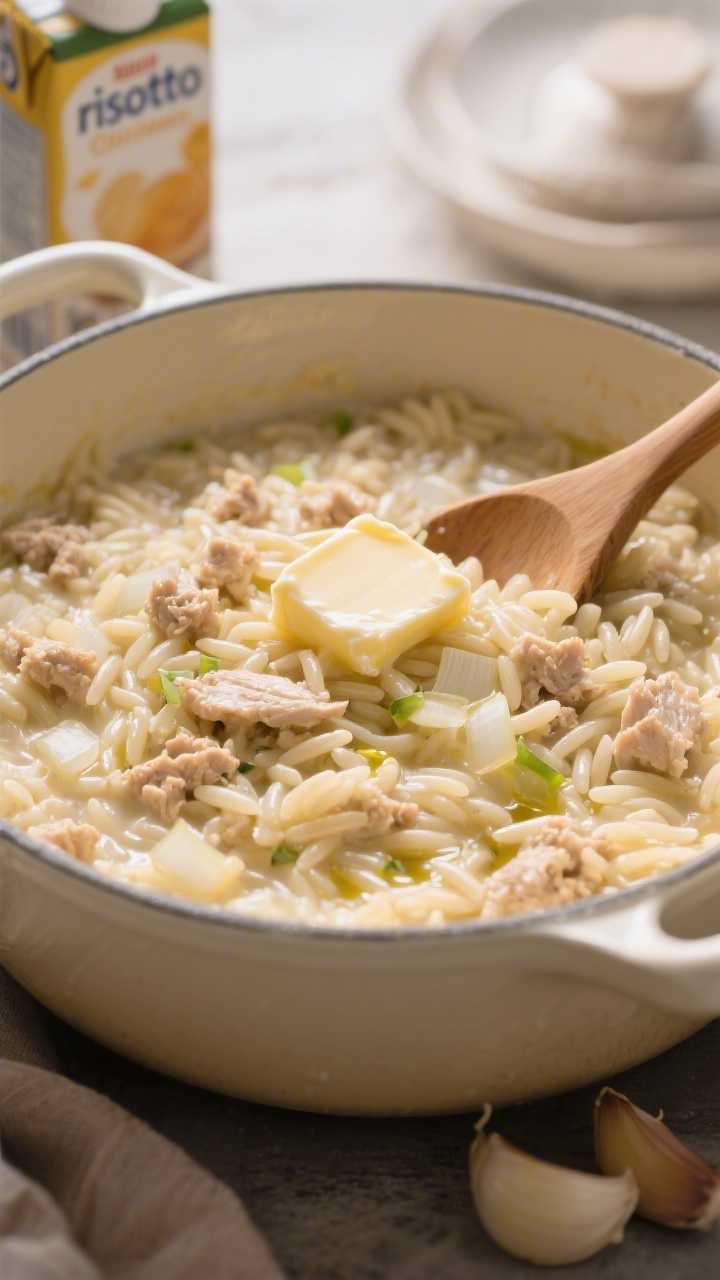 45-degree angle close-up of creamy chicken orzo “risotto” cooked no-stir style: glossy orzo coated in a silky sauce with ground chicken, butter, and olive oil, finely minced onion and a hint of garlic visible, all in a shallow cream ceramic saucepan. A wooden spoon resting in the pot, low-sodium chicken broth carton blurred in background, a pat of butter melting on top for sheen; soft, cozy lighting highlighting the creamy starchiness and tender chicken crumbles.