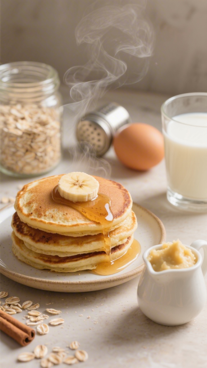 45-degree angle close-up of fluffy golden-brown pancakes made from oat flour, with visible cinnamon specks, stacked on a small toddler plate and drizzled generously with glossy mashed-banana “syrup”; steam rising, a tiny pitcher with extra banana mash to the side, and ingredients artfully placed behind: a jar of rolled oats, baking powder tin, a single egg, and a splash of milk in a clear glass; warm tones, soft morning light, minimal props, appetizing and wholesome.