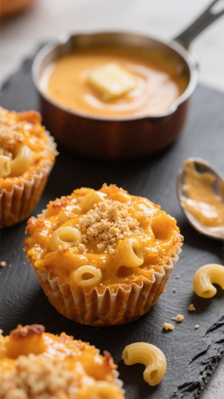 45-degree angle close-up of Hidden Veg Mac ’n’ Cheese Cups: individual macaroni-and-cheese muffin cups baked in a nonstick tin, vividly orange from butternut squash puree and sharp cheddar, with a glossy mac surface and crunchy, lightly buttered crumb toppers; a small saucepan of velvety cheese sauce made with milk, butter, and a hint of Dijon sits nearby; a few elbow macaroni pieces and a spoon with residual sauce on a slate board; cozy, family-friendly mood, shallow depth of field emphasizing creamy-cheesy texture.