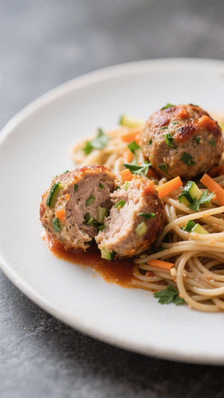 45-degree angle close-up of juicy baked turkey meatballs flecked with finely grated zucchini and carrots, glistening with a light tomato-basil sauce; cut one meatball open to reveal tender, moist texture and green/orange veggie shreds; served over a simple mound of whole-grain spaghetti with fresh parsley, on a matte white plate set on slate, soft directional light for appetizing sheen.