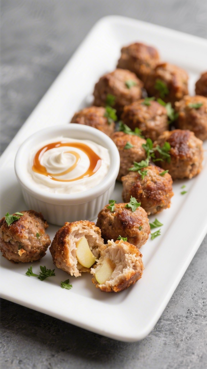 45-degree angle close-up of mini chicken apple meatballs on a white rectangular platter: bite-size browned meatballs made from ground chicken, finely grated apple, breadcrumbs, and egg, with juicy interiors visible in one split open; a small bowl of maple yogurt dip swirled and drizzled with a thread of maple syrup; garnished with micro-chopped parsley for color, on a slate-gray surface.