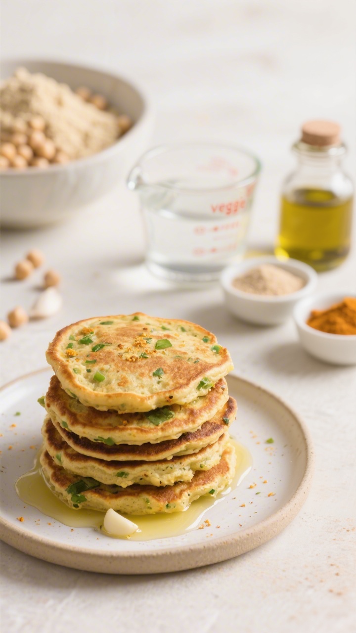 45-degree angle close-up of mini chickpea pancakes stacked on a small plate, edges crisp and golden with visible “veggie confetti” flecks from mild curry and garlic powder; a light brush of olive oil sheen on top. In the background, an ingredient scene slightly out of focus: a bowl of chickpea flour, a measuring cup of water, a small jar of olive oil, and tiny bowls of baking powder, garlic powder, and curry powder. Neutral backdrop, bright daytime feel, child-friendly scale.