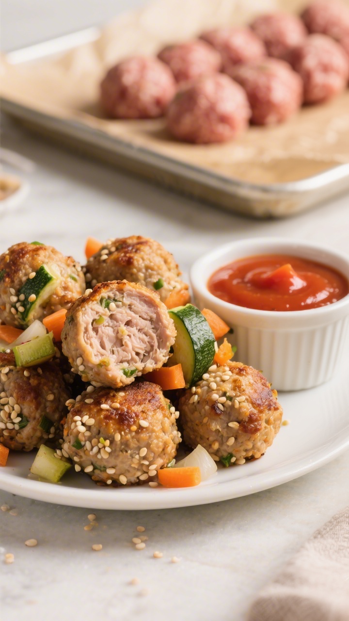 45-degree angle close-up of Mini Turkey Veggie Meatballs with Hidden Quinoa: golden-browned bite-size turkey meatballs flecked with tiny quinoa pearls, green zucchini, orange carrot, and minced onion, piled on a small white plate with a ramekin of simple tomato dipping sauce; include a shallow tray in background with raw rolled meatballs on parchment to suggest prep; warm, homey lighting, crisp detail on moist, tender interior of a sliced meatball.