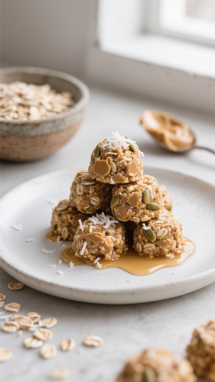 45-degree angle close-up of no-bake oatmeal SunButter bites stacked in a small pyramid on a matte white plate, showing the chewy oat texture, sunflower seed butter sheen, and flecks of finely shredded unsweetened coconut; a drizzle trail of honey or maple syrup on the plate, with a rustic bowl of certified gluten-free rolled oats and a spoonful of SunButter in the background, soft window light for a cozy snack feel