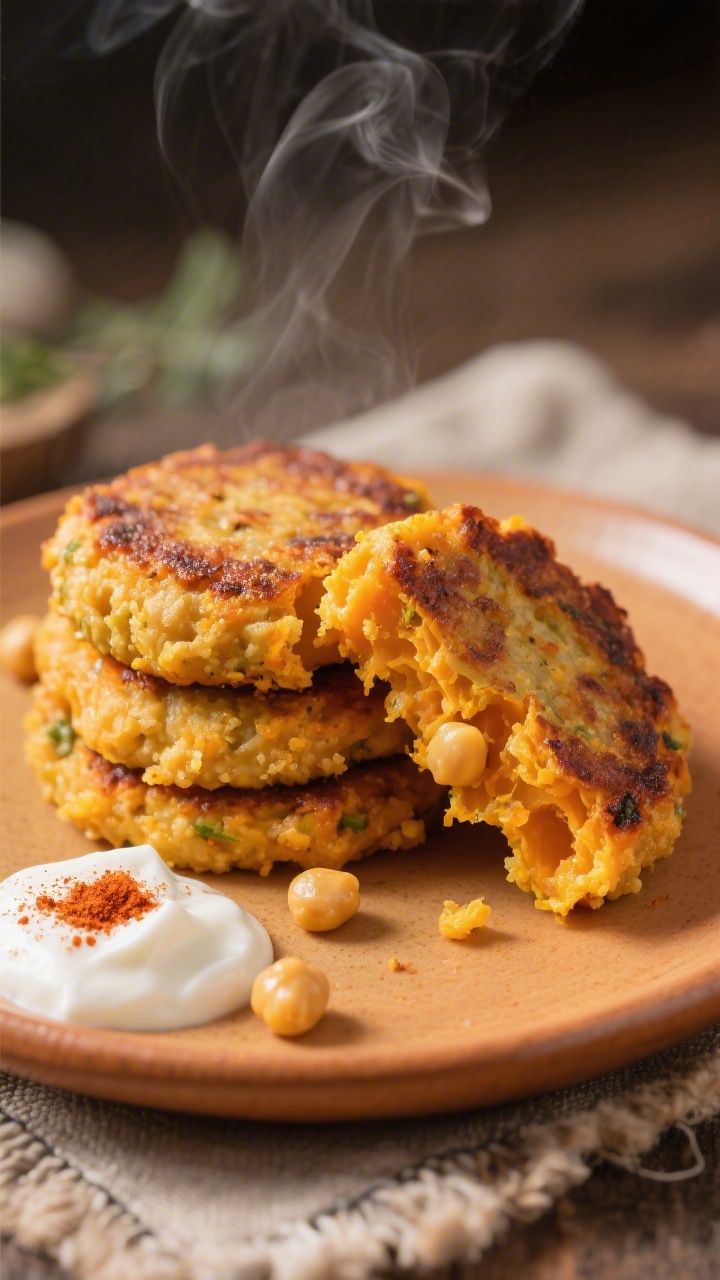 45-degree angle close-up of soft sweet potato chickpea patties: golden seared patties made from mashed sweet potato, chickpeas, breadcrumbs, and egg, showing a tender, slightly textured interior in one patty broken open; served on a warm-toned ceramic plate with a small dollop of plain yogurt and a sprinkle of paprika; rustic linen and subtle steam for warmth.