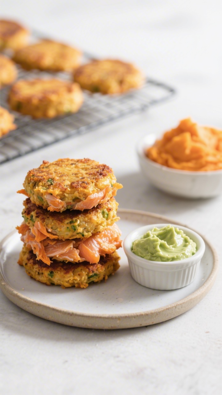 45-degree angle close-up of sweet potato and salmon patties stacked on a small plate, golden and crisp-edged with visible salmon flakes and orange sweet potato, served with a creamy green avocado dip in a ramekin; background includes a cooling rack with more patties and a small bowl of mashed sweet potato to hint at freezer-friendly batch prep; clean, bright daylight, minimal props, gluten-free and dairy-free feel.