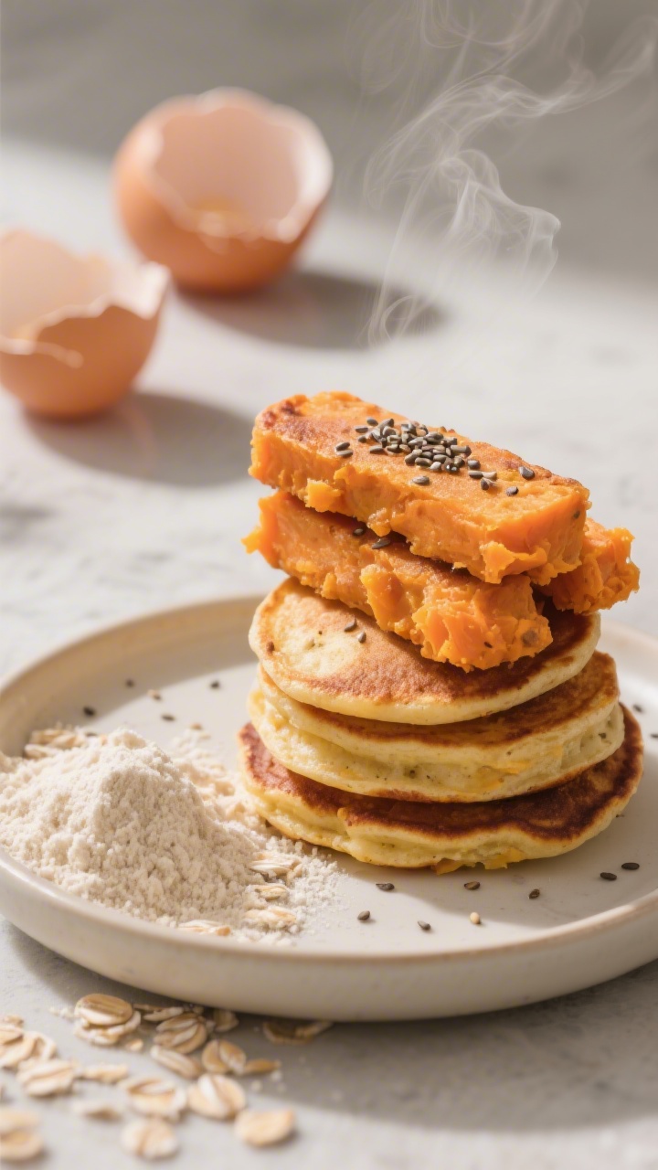 45-degree angle close-up of sweet potato “pancake” fingers stacked on a small toddler-friendly plate, showing their tender, slightly crisped edges and moist orange interior; mashed roasted sweet potato and banana visible in the texture, with a sprinkle of chia seeds on top; a side dish of gluten-free oat flour and two cracked eggshells in the background to suggest the batter, warm morning light, minimal props, steam subtly rising to emphasize freshness.