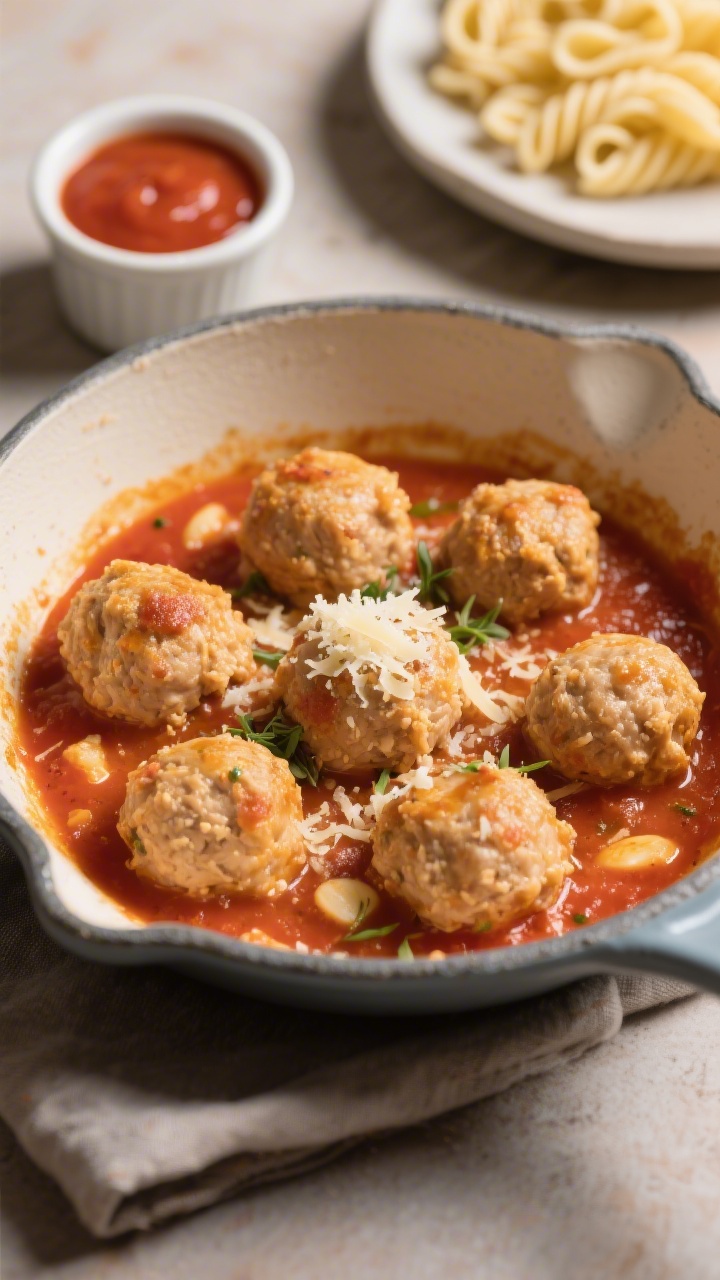 45-degree angle close-up of tiny chicken meatballs simmering in a mild tomato sauce in a matte enamel skillet: golden, bite-size meatballs made from ground chicken, fine breadcrumbs, milk, egg, and finely grated Parmesan, seasoned with onion powder and garlic powder, nestled in a smooth, kid-friendly tomato sauce. Garnish of micro-grated Parmesan over a few meatballs, sauce gently bubbling. In the background, a small dipping ramekin of extra sauce and a plate of plain pasta twists for context; warm, inviting tones.