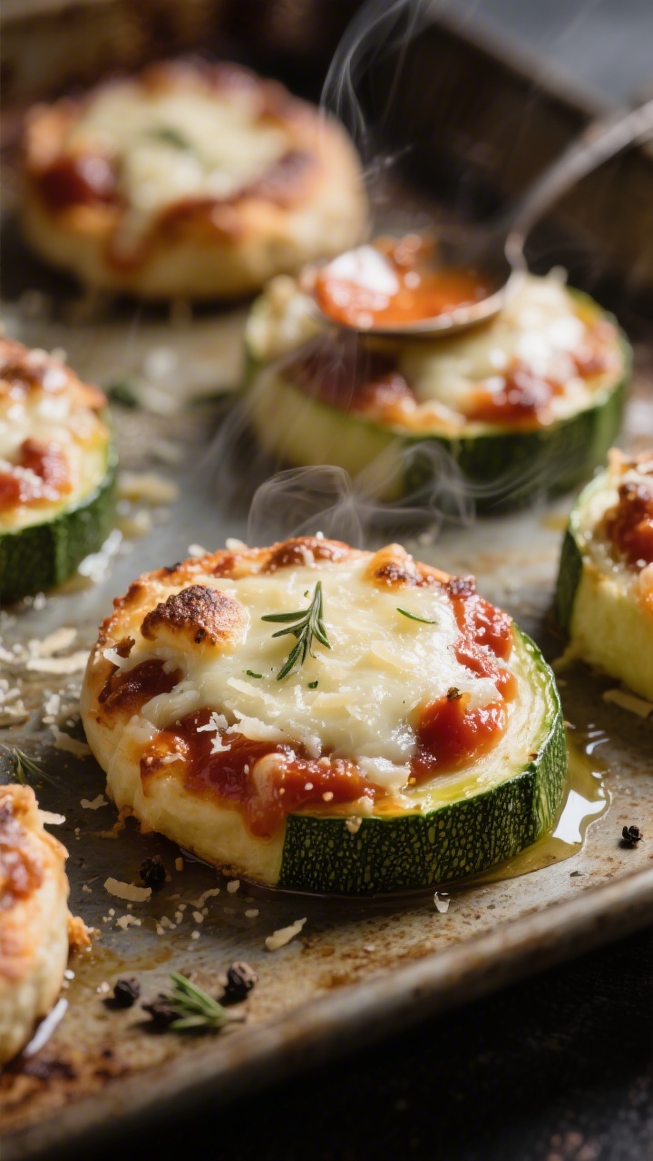 45-degree angle close-up of zucchini pizza bites on a rustic baking tray: 1/4-inch zucchini rounds brushed with olive oil, topped with a spoonful of low-sodium marinara, melted bubbly mozzarella, a dusting of grated Parmesan, and a few browned cheese edges; flecks of dried Italian herbs and a crack of black pepper visible. Steam gently rising, glossy sauce sheen, moody side light to accent melty cheese, no people.