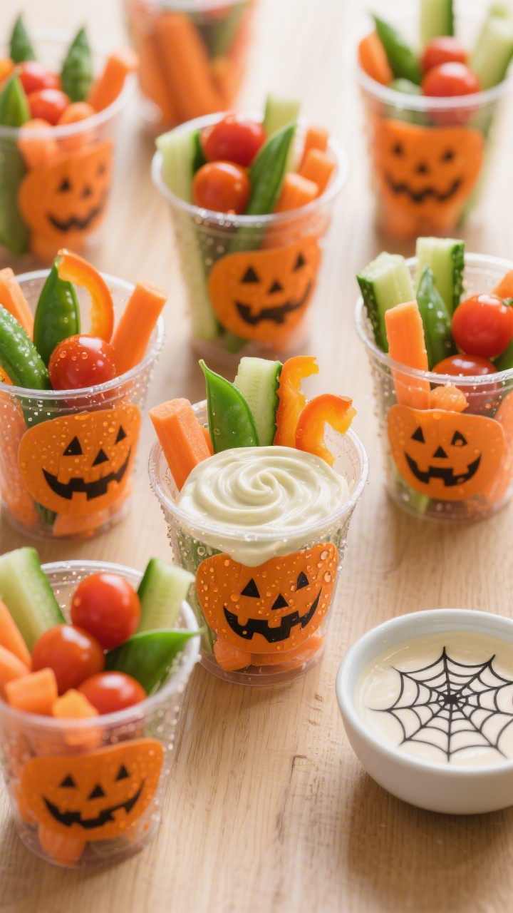 45-degree angle colorful spread of Jack-O’-Lantern Veggie Cups: clear 9–10 oz plastic cups filled with layers of baby carrots, cucumber sticks, orange bell pepper strips, cherry tomatoes, and snap peas/green beans, each cup featuring a visible dollop of ranch dip at the bottom swirled into a spider “web”; cups arranged in a tidy grid on a light wood surface, vibrant greens and oranges popping, condensation dots on cups for freshness, one small bowl of extra ranch with a web pattern nearby, bright natural-looking light to enhance crispness and color.