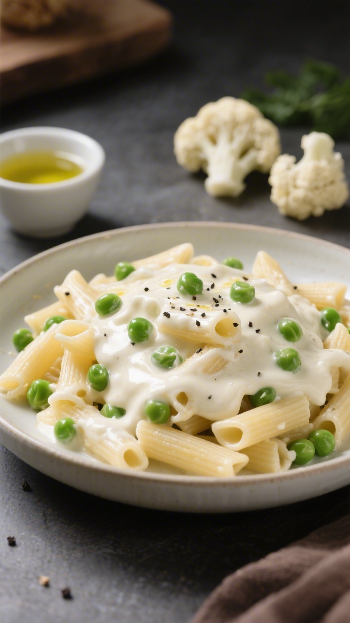 45-degree angle creamy cauliflower “Alfredo” pasta with peas: short gluten-free pasta coated in a velvety white cauliflower sauce, glossy and smooth, with sweet green peas scattered throughout; served in a shallow bowl with a drizzle of olive oil and a dusting of black pepper; a small cup of reserved cooking water and a few cauliflower florets in the background hint at the method; soft, comforting palette and gentle highlights to showcase the sauce’s silkiness.