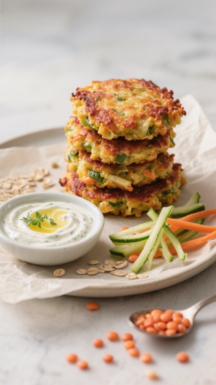 45-degree angle crisp shot of mini lentil veggie fritters stacked on a small parchment-lined plate, golden and craggy edges: patties made from very soft cooked red lentils, finely grated zucchini (squeezed dry), finely grated carrot, and very fine minced onion or green onion, bound with oat flour; served with a small bowl of mild zingy dip (yogurt-free, herb-lemon style) swirled attractively; a few raw grated veggie strands and a spoonful of red lentils sprinkled around for context, soft natural light for appetizing warmth