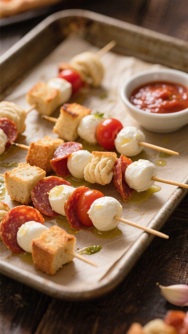 45-degree angle hero shot of Mini Pizza Skewers: short wooden skewers threaded with mini mozzarella balls (ciliegine), mini pepperoni slices, cherry tomatoes, and 1-inch mini garlic knots/toasted bread cubes, lightly brushed with olive oil; arranged on a parchment-lined baking tray with a small bowl of pizza sauce for dipping, melted mozzarella beads glistening, warm rustic backdrop, shallow depth of field for appetizing focus.