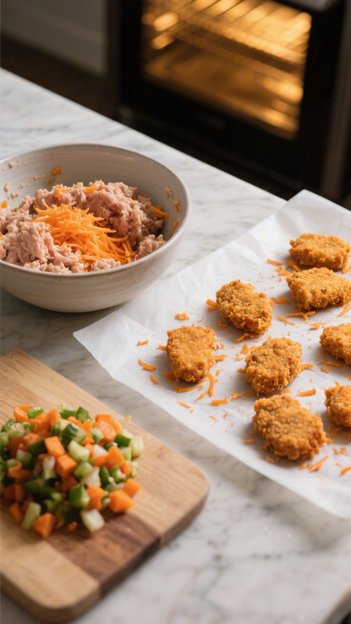 45-degree angle ingredient-prep scene for chicken veggie nuggets with sweet potato crunch: mixing bowl with ground chicken, finely grated sweet potato visibly threaded through for a crunchy exterior, and a small pile of minced mixed veggies on a cutting board; some formed nugget shapes on a parchment-lined sheet, lightly coated with extra fine sweet potato shreds; warm oven light implied, golden tones suggesting upcoming crispiness; tight composition, professional kitchen styling, no people.