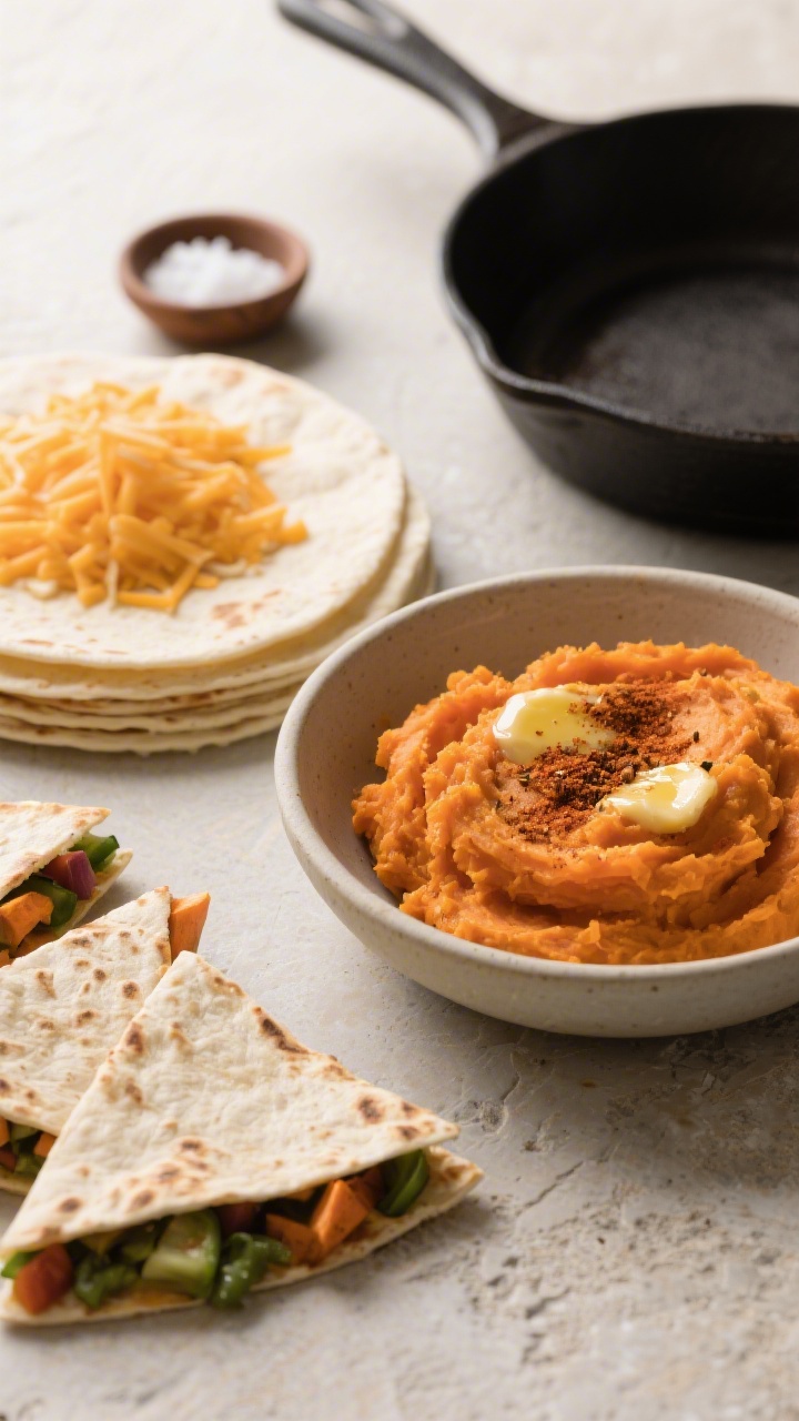 45-degree angle ingredient-prep scene for veggie-loaded quesadilla triangles with sneaky sweet potato: steamed, mashed sweet potato tinted orange with melted butter, cumin, and a hint of smoked paprika in a bowl; 8-inch flour tortillas stacked nearby; shredded cheese mound, a pinch bowl of kosher salt; a skillet warming in the background; clean, colorful setup on a neutral stone surface, inviting and wholesome.