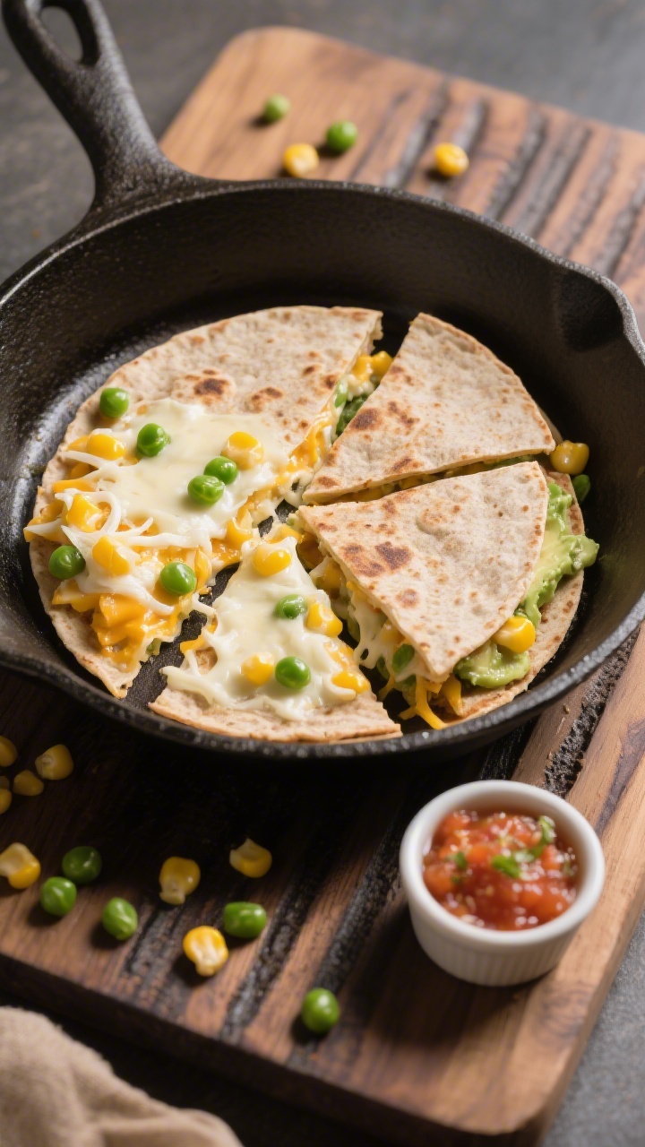 45-degree angle ingredient-to-final transition: a quesadilla cut into neat wedges on a cast-iron skillet, gooey pull of shredded mozzarella/mild cheddar with bright pops of sweet corn and peas inside; a thin layer of cream cheese (or mashed avocado) visibly binding the filling between two small whole-wheat tortillas; a few thawed peas and corn kernels sprinkled on the board, clean grill marks, and a tiny ramekin of mild salsa nearby; crisp, appetizing edges highlighted.