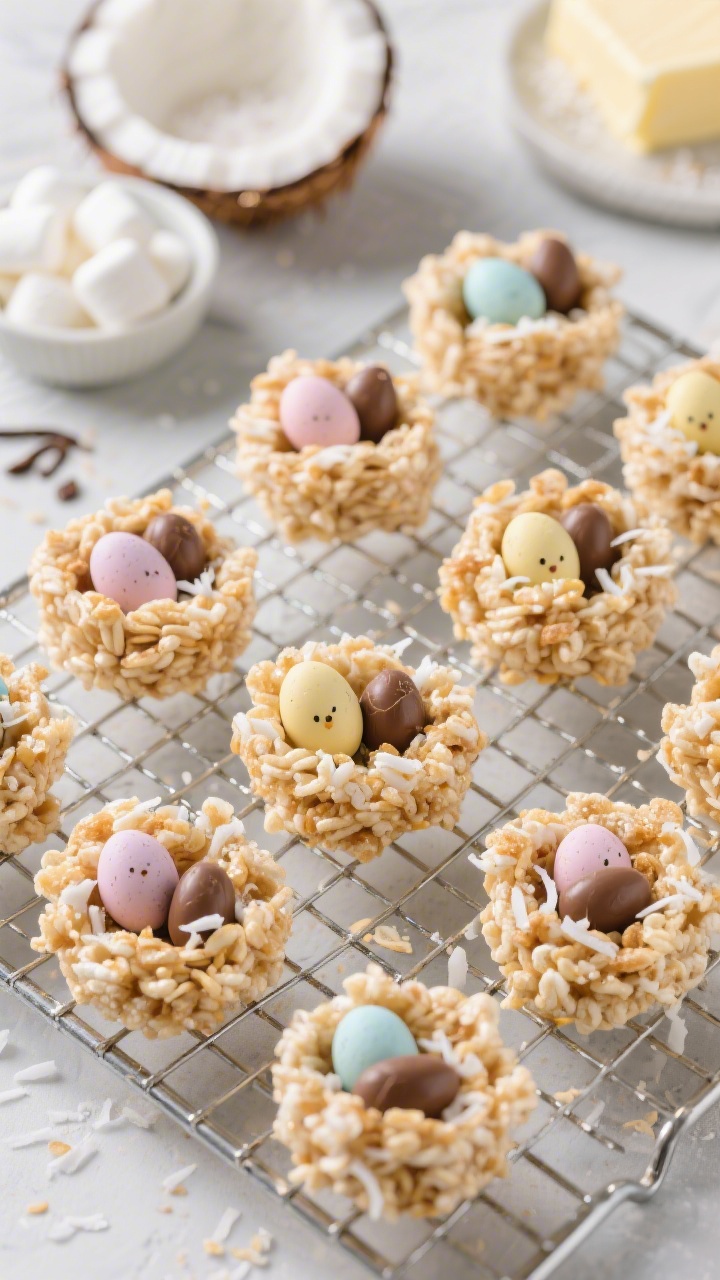 45-degree angle ingredient-to-final transition scene for mini nest krispie treats: a cooling rack lined with bite-size cereal nests made from marshmallow-butter-coated crispy rice cereal, some nests sprinkled with lightly toasted shredded coconut for nest texture, each holding pastel candy-coated chocolate eggs as “hatchlings”; ingredients referenced in the background (mini marshmallows, butter, vanilla, pinch of salt, crispy rice cereal, coconut), balanced soft light, sharp detail on sticky, glossy cereal strands and matte candy eggs.