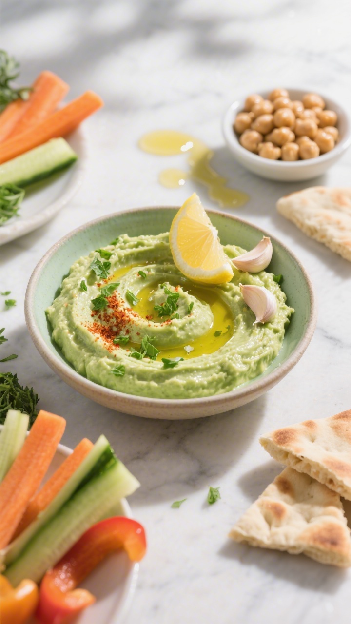 45-degree angle ingredient-to-table shot of creamy green hummus in a shallow bowl: ultra-smooth chickpea-tahini hummus blended with herbs/greens for a soft green hue, glossy olive oil swirl, sprinkle of paprika and chopped parsley; lemon wedges and a tiny heap of minced garlic nearby; soft, warm pita triangles and toddler-friendly veggie sticks (carrot, cucumber, bell pepper) arranged for dipping; chickpeas in a small dish and a drizzle trail of olive oil on the tabletop; bright, inviting, Mediterranean vibe.