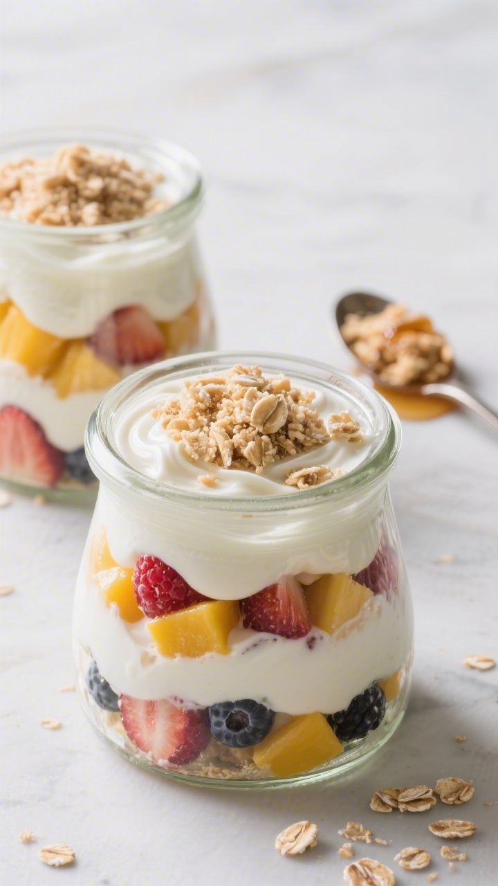 45-degree angle layered parfaits in short, wide glass jars: full-fat Greek yogurt lightly sweetened with maple syrup and vanilla, layered with very soft chopped fruit (ripe berries and mango) and topped with a soft oat crumble; creamy swirls, juicy fruit glisten, and tender crumble texture emphasized; extra spoonful of oat crumble and a drizzle of maple syrup in the background; cool, morning light for a fresh, no-bake vibe