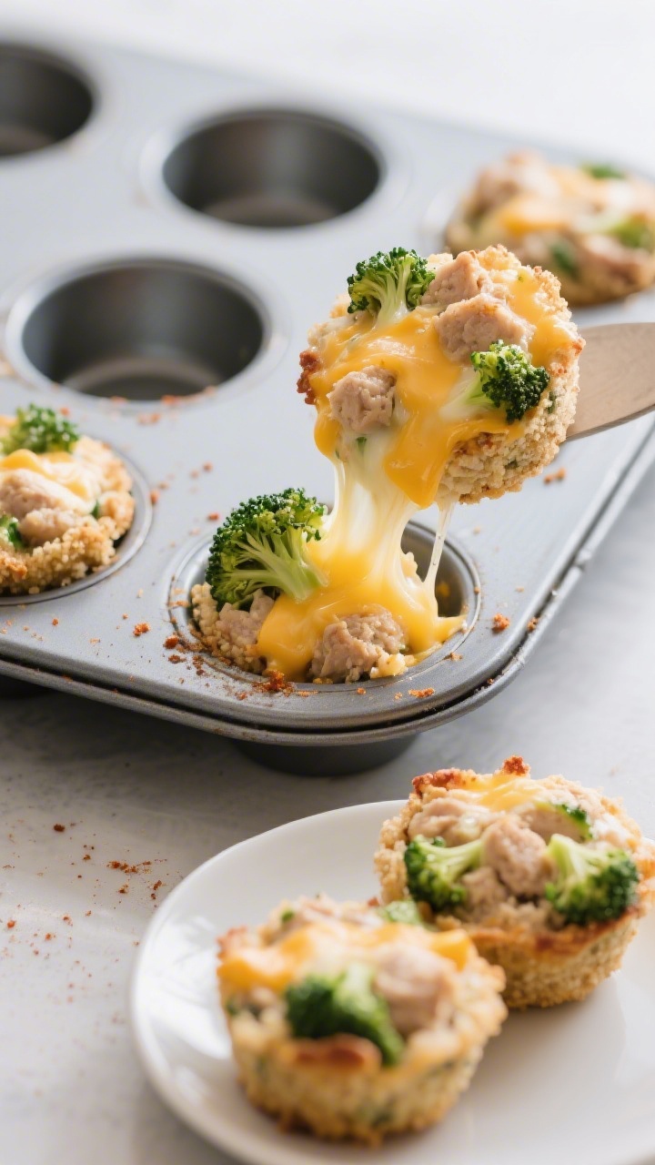 45-degree angle muffin-tin bake of cheesy chicken broccoli bite-sized bakes: mini rounds of ground chicken studded with very finely chopped steamed broccoli and melted mild cheddar/mozzarella, held with fine breadcrumbs and egg, seasoned with onion powder and a pinch of paprika. Shown in a nonstick mini muffin pan just out of the oven, cheese lightly bubbling, edges barely browned; a few bites plated on a small kid-friendly white plate; soft daylight, crisp focus on melty cheese pulls.