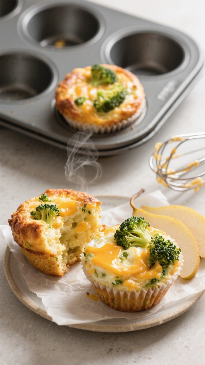 45-degree angle muffin-tin scene featuring cheesy broccoli egg muffins just baked: puffed tops with visible finely chopped cooked broccoli and melted mild cheddar; two muffins cut open to reveal tender, custardy interior; soft pear slices fanned on a small plate beside for serving; light steam rising, parchment liners, and a whisk with egg residue hinting at the quick prep; neutral props, gentle side light to emphasize gloss and texture.