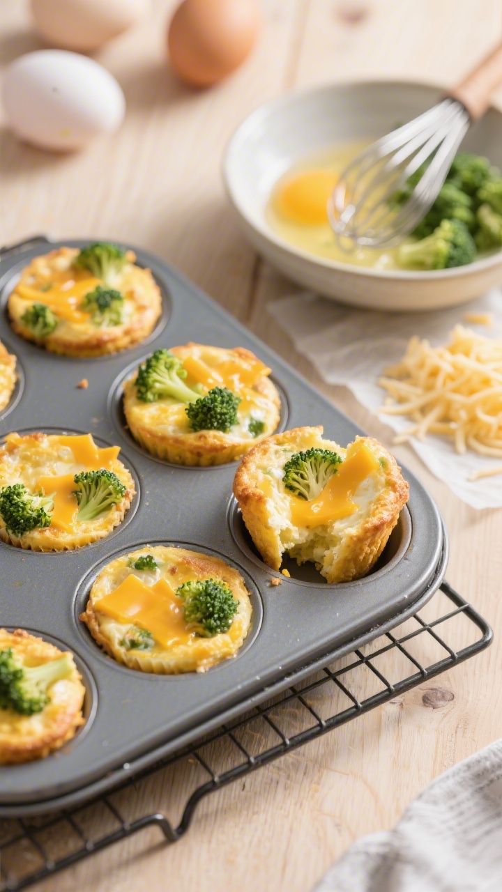 45-degree angle, muffin-tin-to-plate transition shot of Cheesy Broccoli Egg Muffins: golden, puffed egg cups studded with tiny broccoli florets and gooey melted cheddar, made with 8 large eggs; one muffin cut open to show tender curds, cheese pockets, and green broccoli bits; a whisk, a bowl with beaten eggs, chopped broccoli, and shredded cheese visible in soft focus; placed on a parchment-lined cooling rack over a light wooden table, warm morning light.