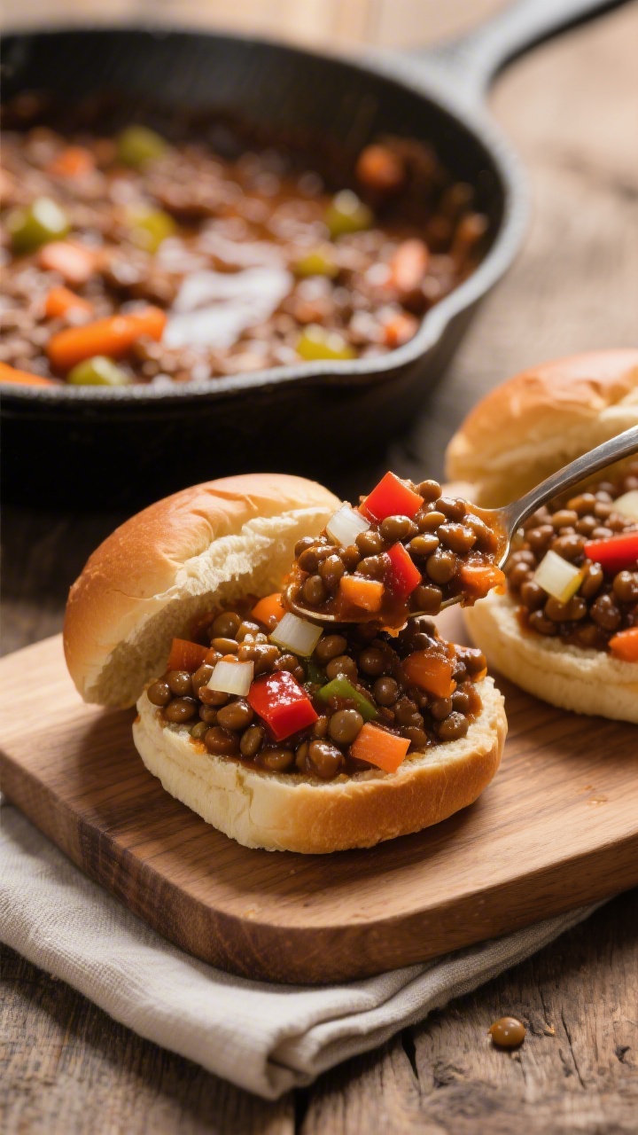 45-degree angle of cozy lentil veggie sloppy joes spooned generously onto mini slider buns, saucy mixture of brown lentils with very finely diced onion, carrot, and red bell pepper glistening; a skillet with the simmering mixture in the background to hint at the cooking process with olive oil sheen; warm, rustic styling on a wooden board, minimal garnish, napkin tucked beside for comfort-food vibe.