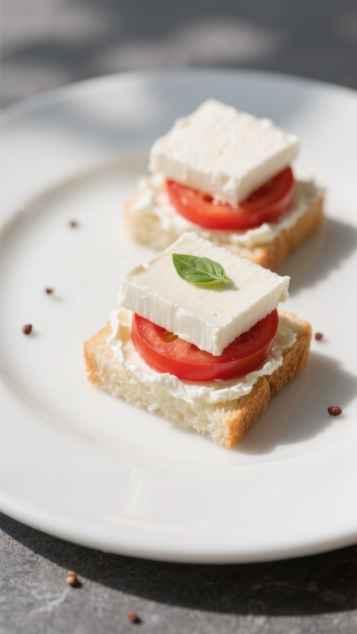 45-degree angle plated mini Caprese cream cheese sandwich squares: crustless soft white or wheat bread spread with cream cheese, layered with fresh mozzarella slices (or neat mound of shredded low-moisture mozzarella) and ripe cherry tomato slices, basil optional (either omitted or shown as a single tiny leaf on one square). Cut into small, even squares with clean edges; a few tomato seeds glisten. Minimalist white plate on a slate surface, natural daylight, emphasis on red-and-white contrast and pillowy textures.