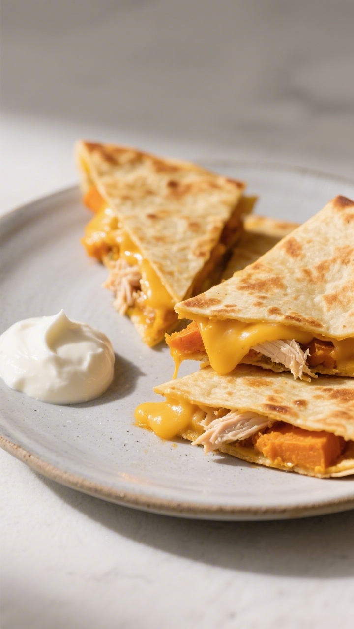 45-degree angle plated presentation of cheesy chicken and sweet potato quesadilla triangles: golden, lightly crisped tortillas cut into toddler-size wedges, oozing mild cheddar/Monterey Jack with visible flaked canned chicken and smooth mashed sweet potato; a tiny dollop of plain Greek yogurt on the side; served on a small light-gray ceramic plate with a warm, cozy feel; cheese pull detail, clean background, soft shadows.