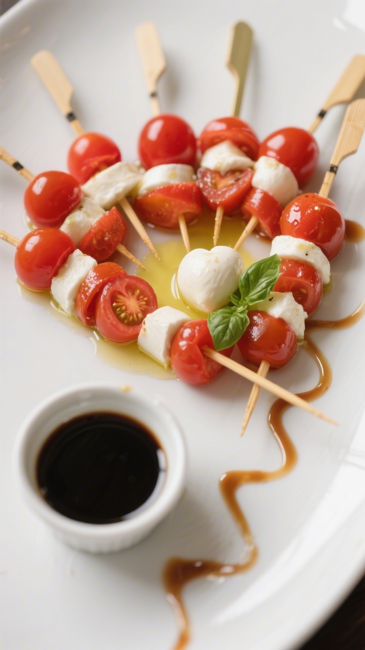 45-degree angle, plated presentation of Cupid’s Caprese Heart Skewers: bamboo skewers arranged in a fan on a matte white platter; each skewer shows grape tomatoes sliced and paired to form a heart shape around a mini mozzarella ball, tucked with a small basil leaf; light olive oil sheen and a glossy sweet balsamic drizzle zig-zagging the plate; a small ramekin of extra balsamic nearby; vibrant red, white, and green contrast; crisp focus on juicy tomato skin and pearl-smooth mozzarella, shallow depth of field.