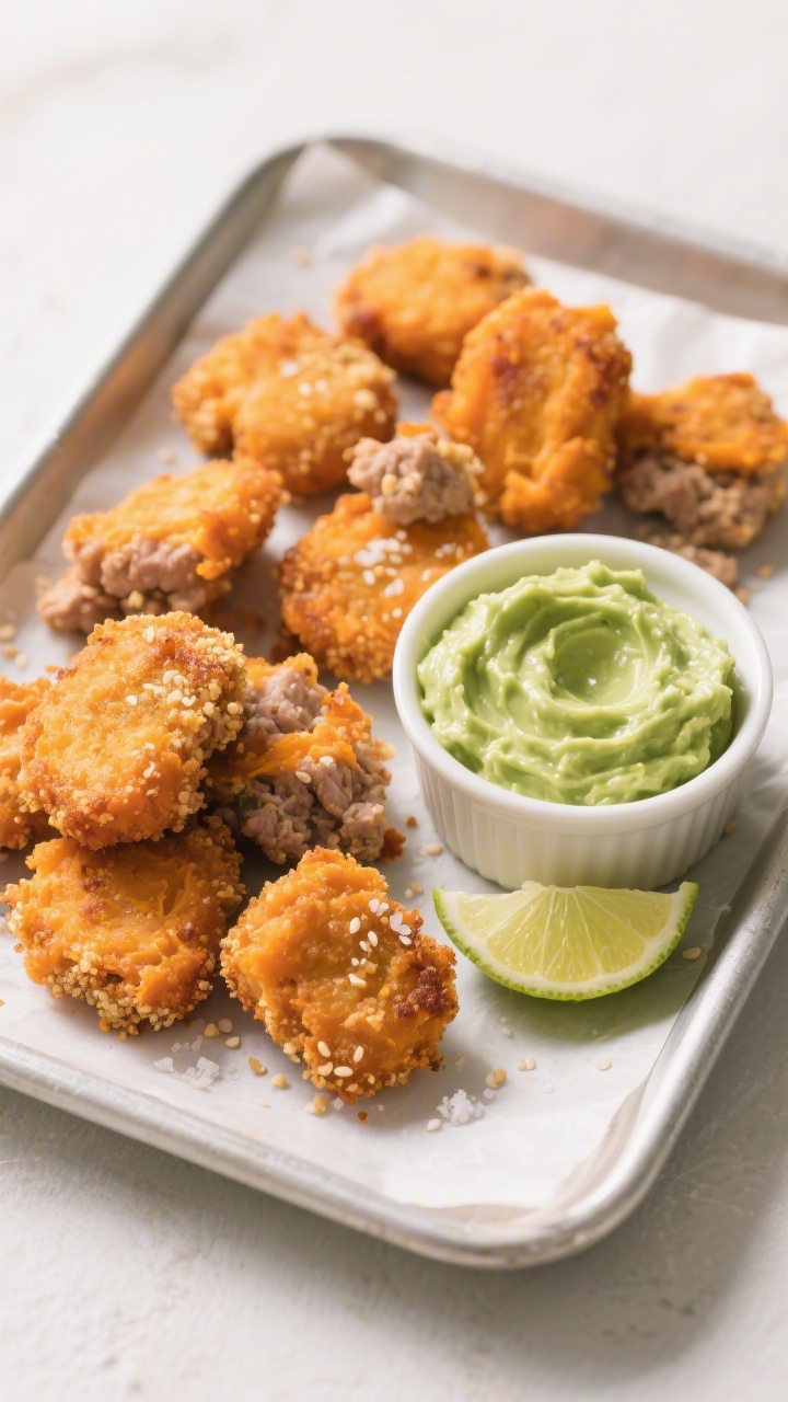 45-degree angle plated presentation of sweet potato turkey nuggets with avocado dip: bite-size, oven-baked nuggets made from orange mashed sweet potato and ground turkey, lightly crisped edges, arranged on a parchment-lined tray; a small ramekin of creamy green avocado dip with a squeeze of lime beside it; include visible sesame-free coating crumbs and a pinch of sea salt; bright, kid-friendly scene with a neutral backdrop and soft natural light highlighting the nuggets’ golden-orange color.