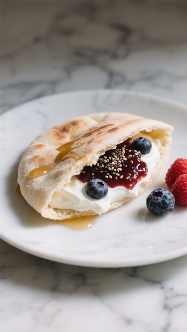 45-degree angle plated presentation of yogurt parfait pockets: soft folded pita or flatbread holding creamy Greek yogurt, dollops of glossy berry chia jam (mixed berries with visible chia seeds), a light drizzle of honey or maple on top (if appropriate), and a few fresh berry accents on the side; one pocket cut to reveal the layered filling; set on a cool marble surface, gentle backlight to highlight creamy and jammy textures.