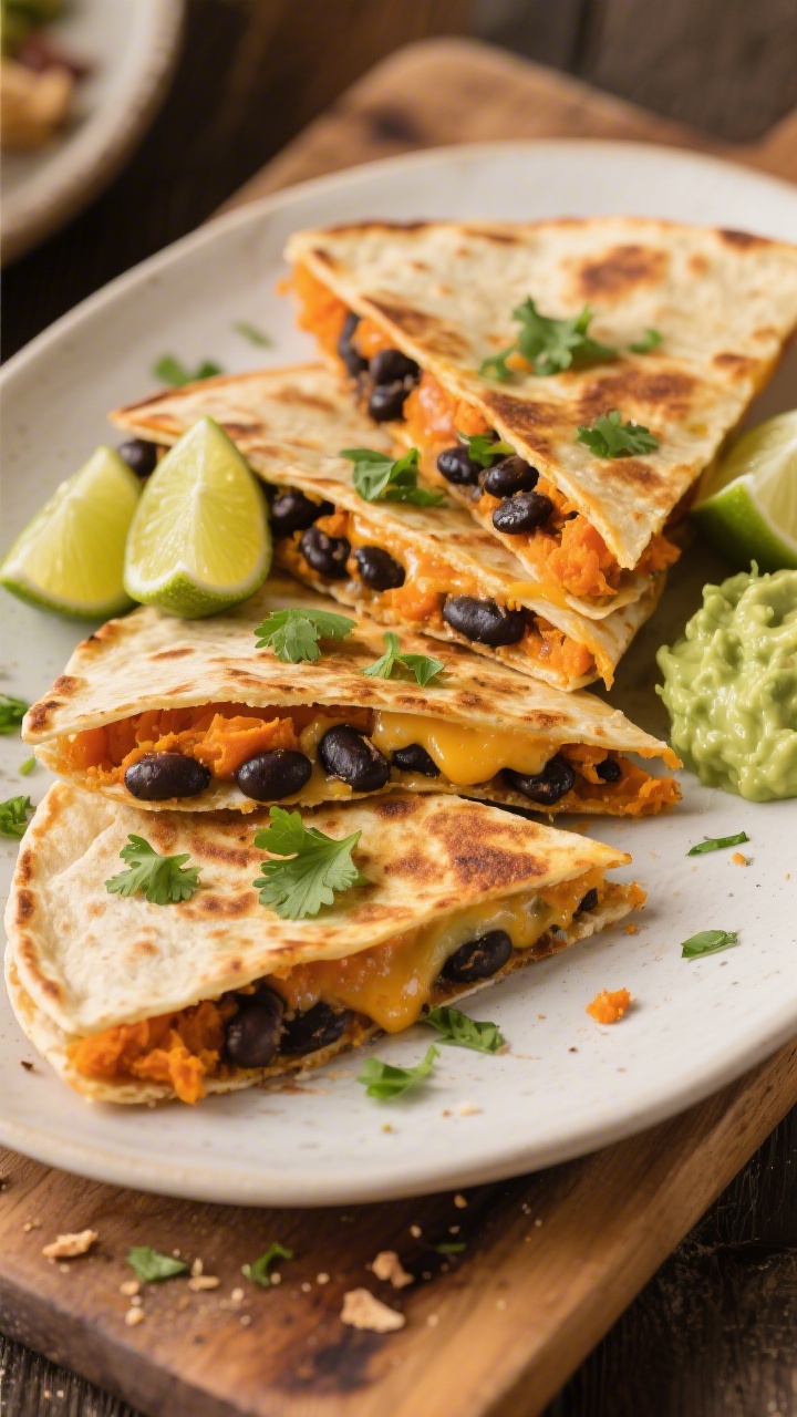 45-degree angle plated quesadillas stuffed with mashed sweet potato and black beans, golden crisp tortillas cut into triangles with visible orange and black layers, a touch of melted cheese binding; garnished with chopped cilantro, lime wedges, and a side of creamy avocado-lime sauce; warm, earthy palette on a wooden board, crumbs and char spots for texture.