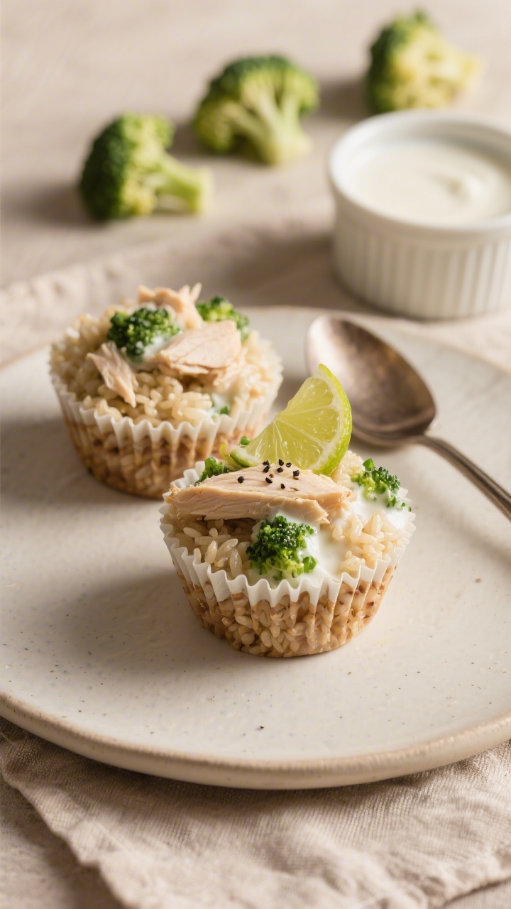 45-degree angle plated shot of creamy coconut chicken and rice cups pressed into silicone muffin cups: cooled brown rice mixed with finely shredded cooked chicken, well-stirred full-fat coconut milk, and finely chopped steamed broccoli, gently mounded and garnished with a tiny squeeze of lime and a sprinkle of mild black pepper; set on a neutral linen with a spoonful of coconut milk in a ramekin and scattered broccoli florets for context, warm cozy lighting to emphasize comfort